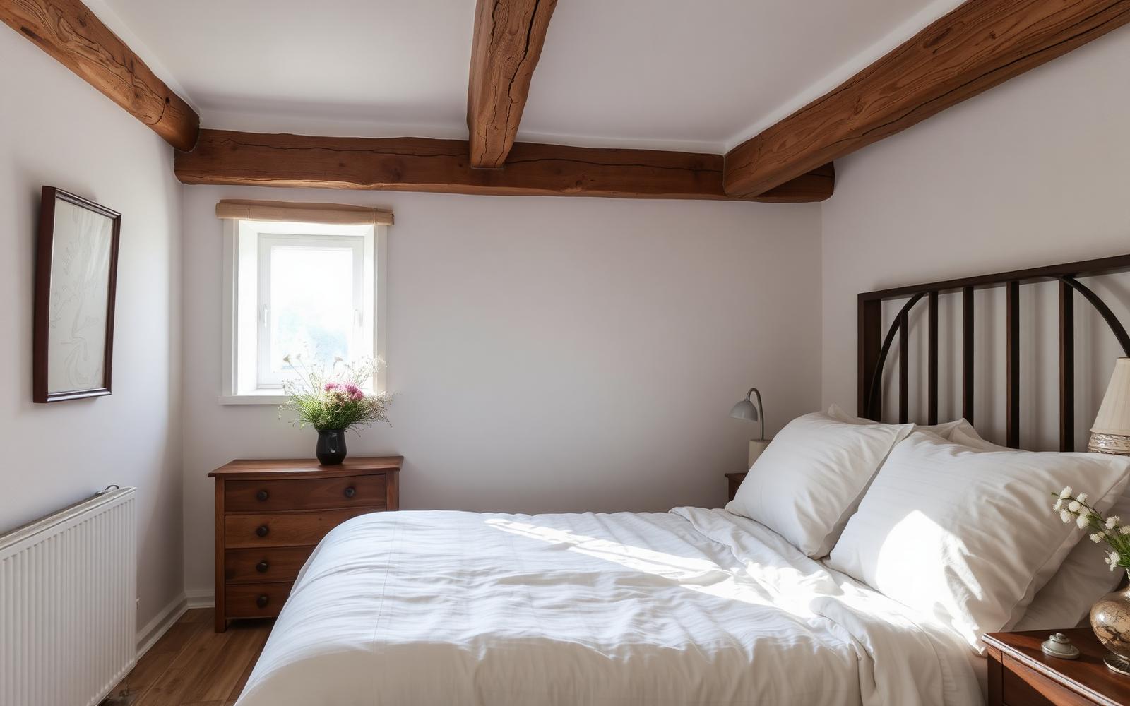 Bedroom with white linen and wooden beams