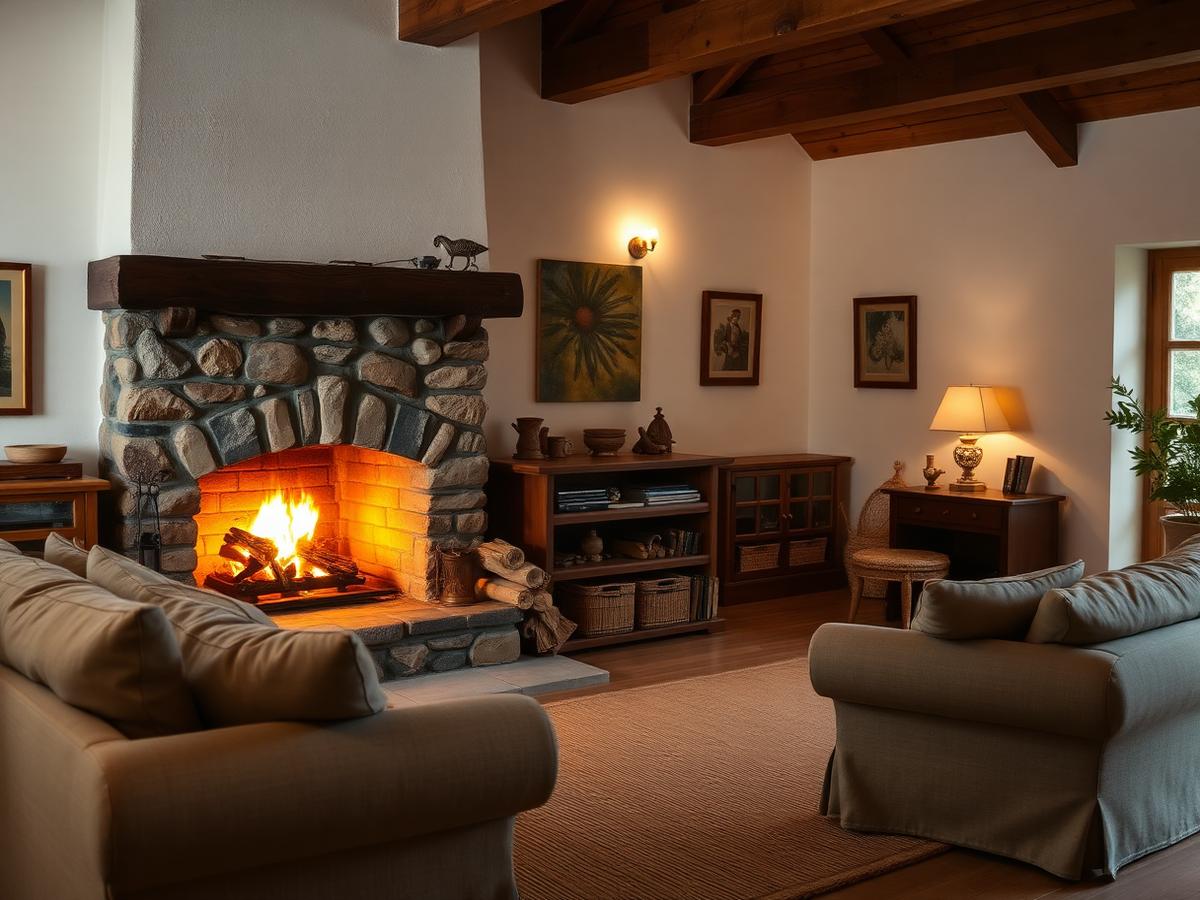 Sitting room with a lit stone fireplace